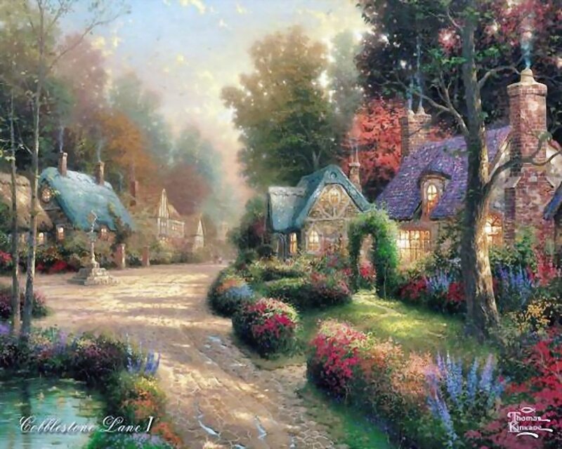 Village with Cottages — Green, Serene, Afternoon, Painting