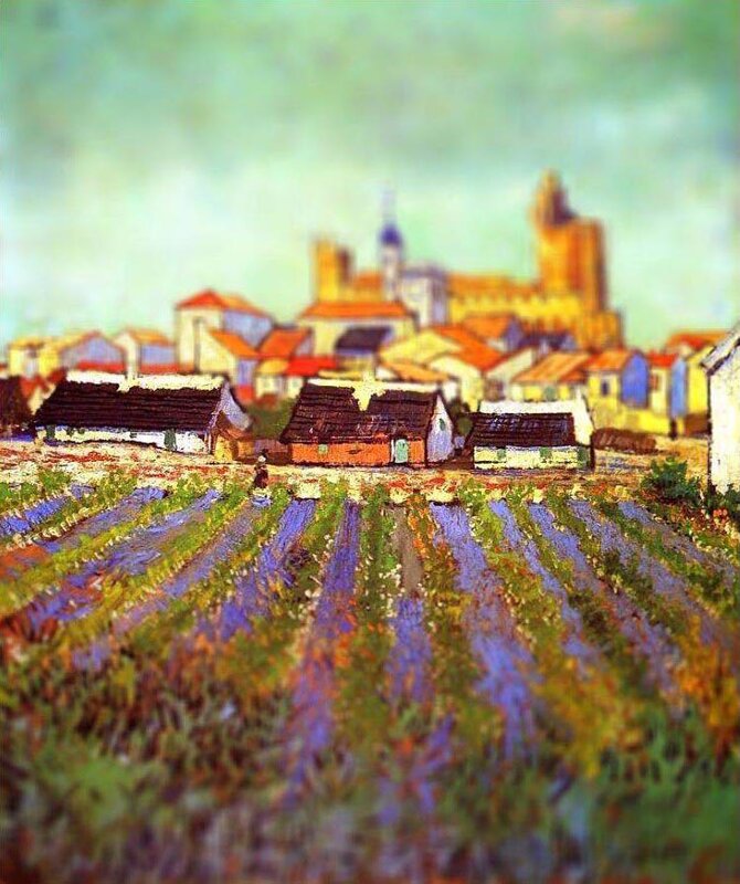 Village with lavender fields