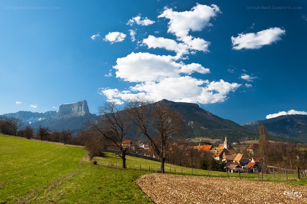 Village with mountain backdrop