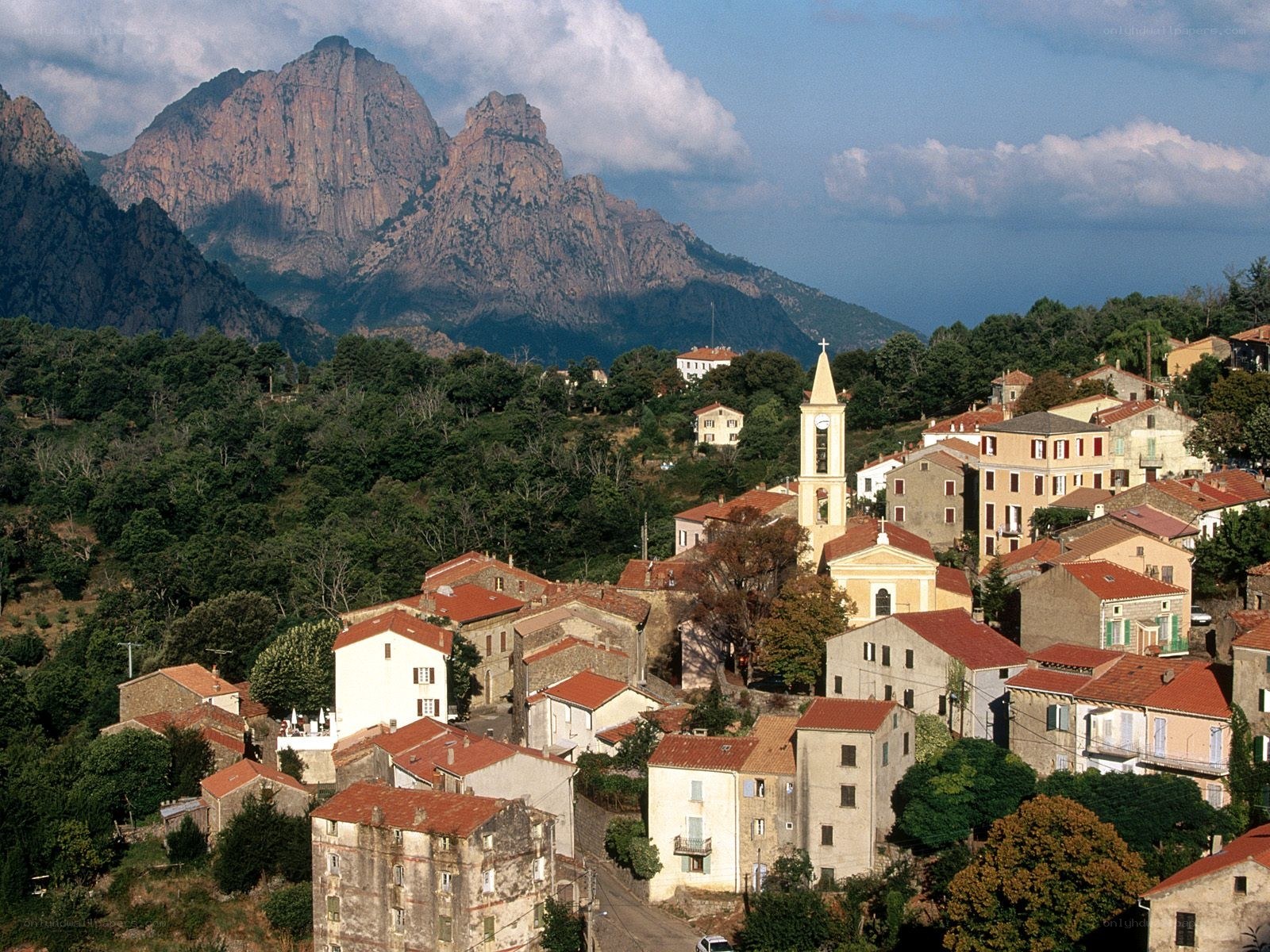Village with mountain backdrop