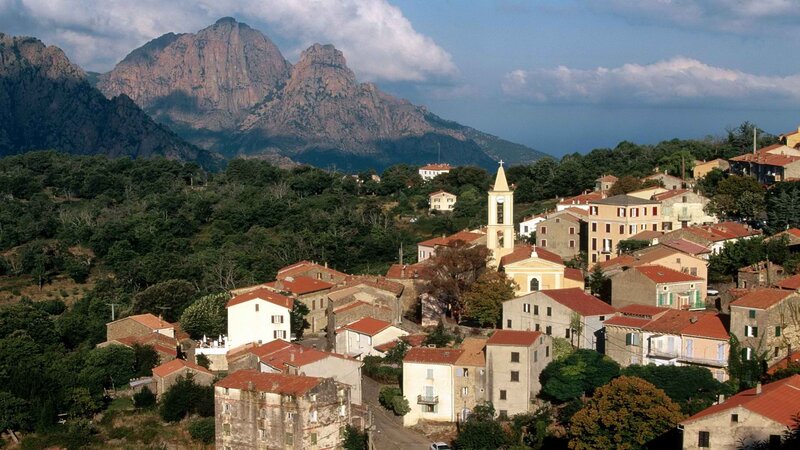 Village with mountain backdrop