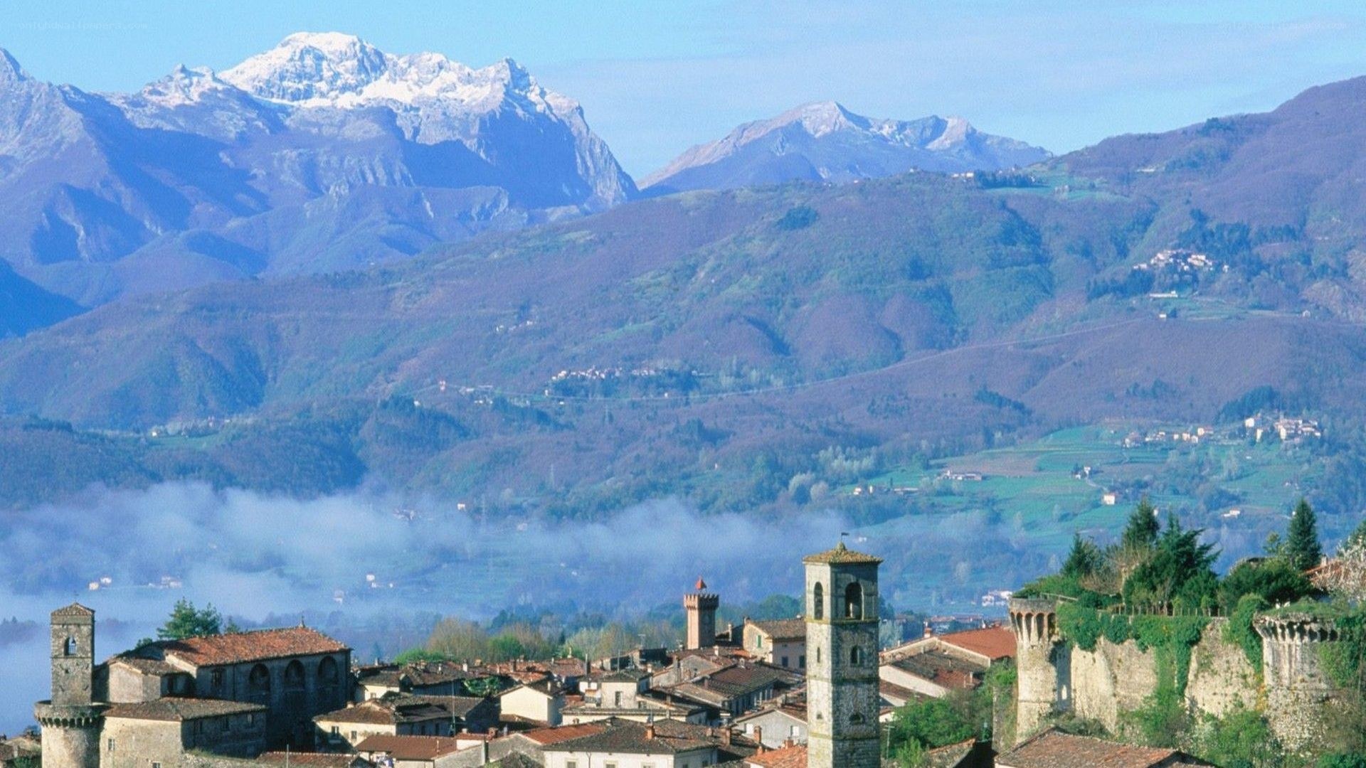 Village with mountain backdrop