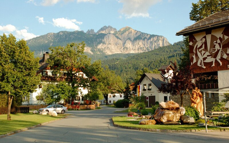 Village with mountain backdrop