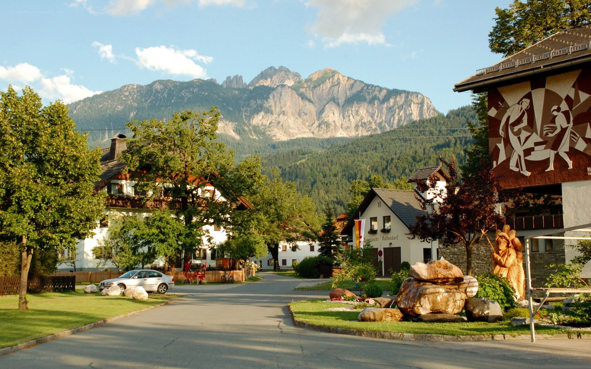 Village with mountain backdrop