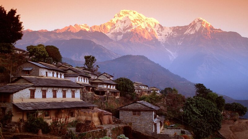 Village with mountain backdrop