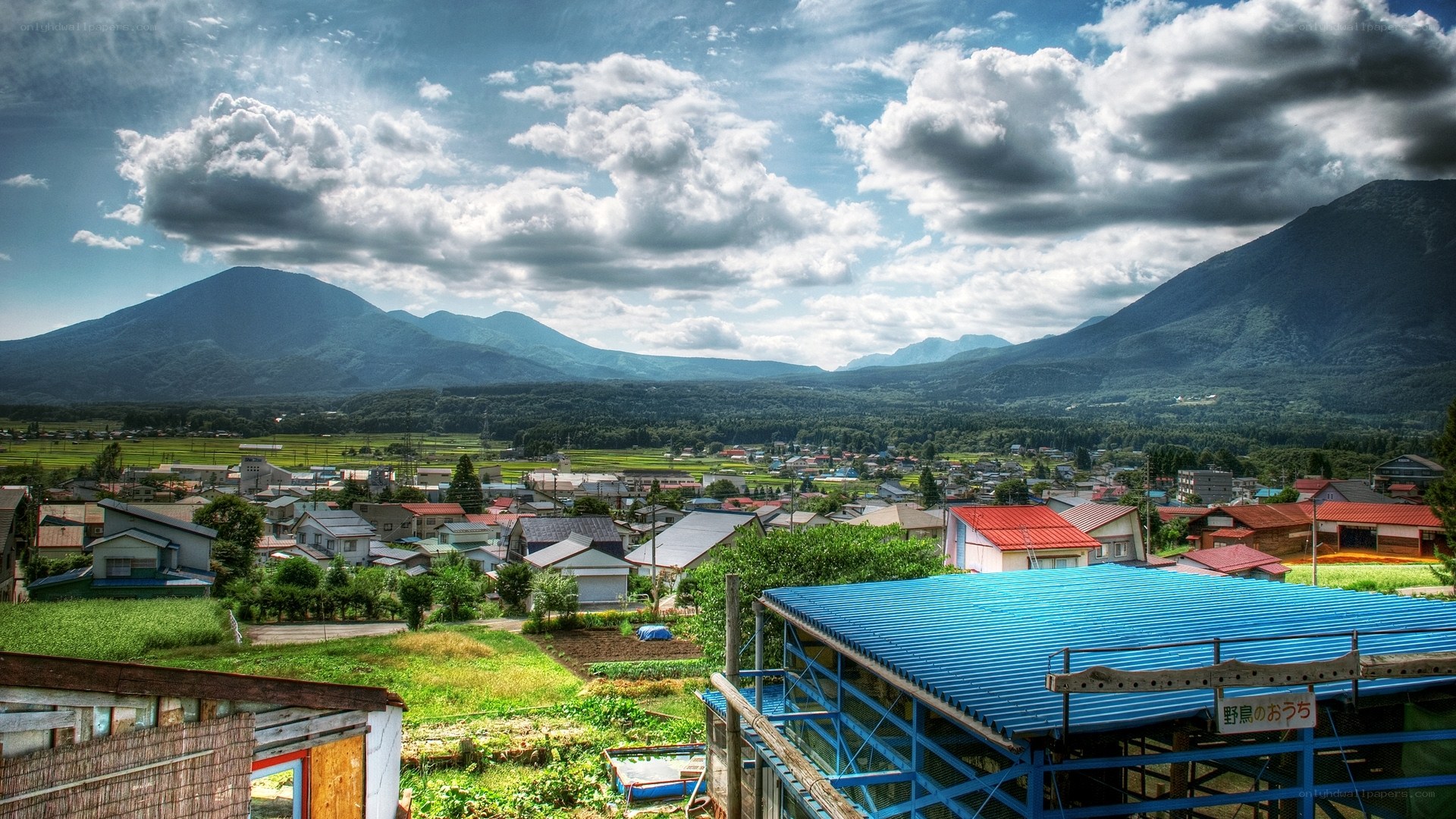 Village with mountain backdrop