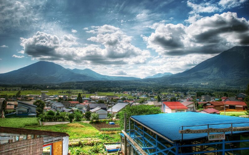 Village with Mountains — Blue, Dramatic