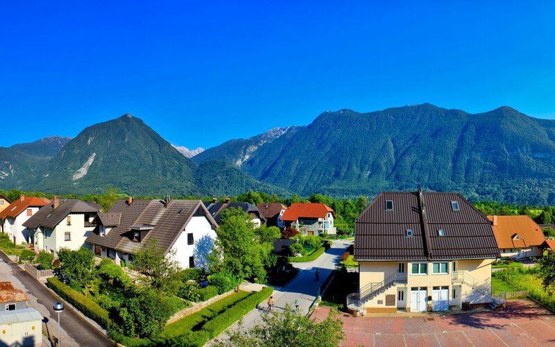 Village with Mountains — Blue