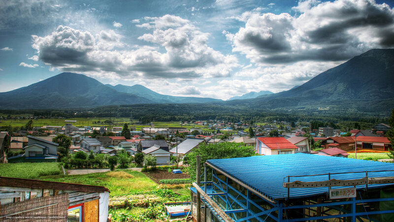 Village with mountains in Japan