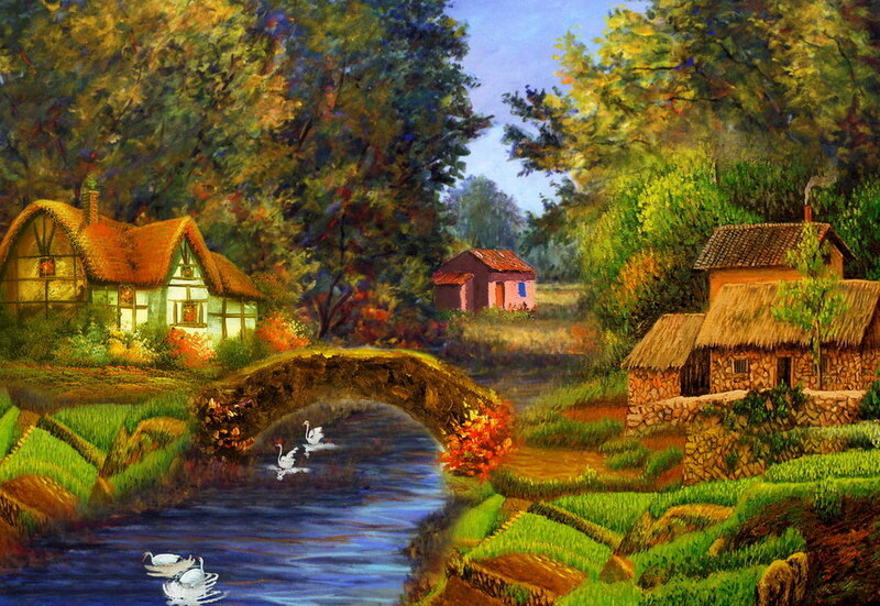 Village with River and Bridge