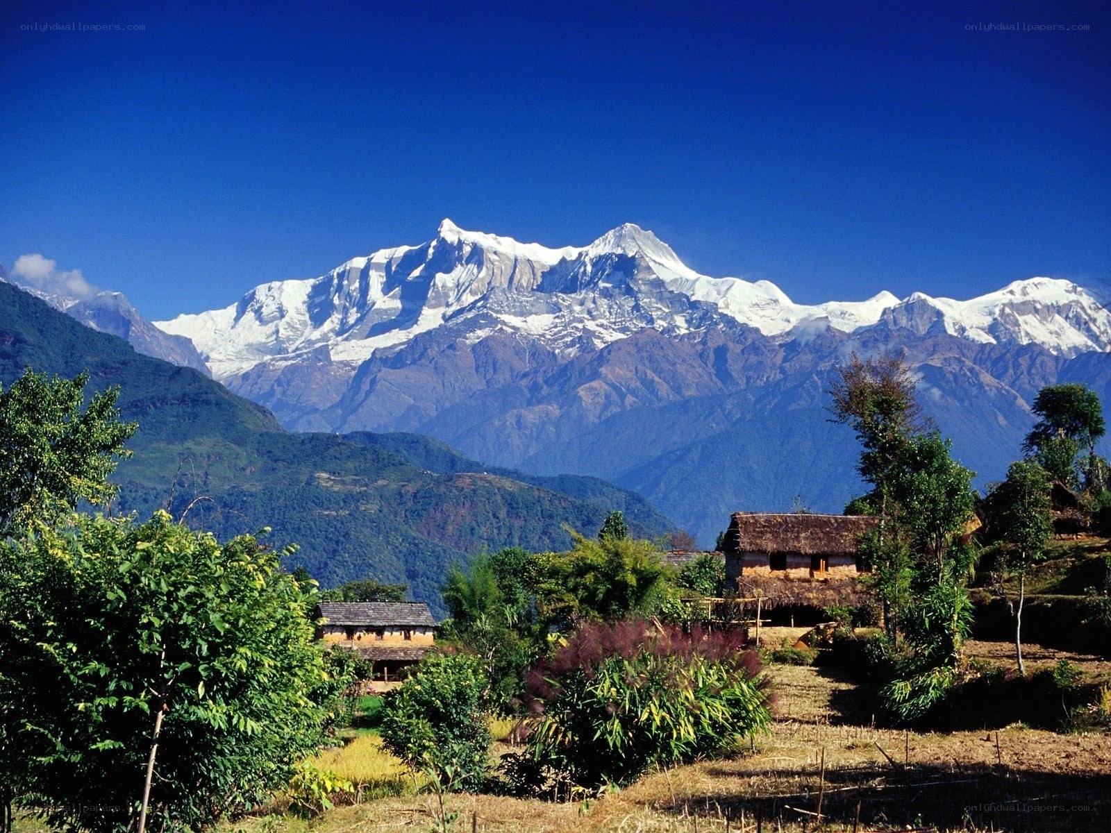 Village with snow-capped mountains
