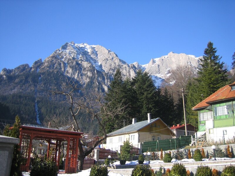 Village with Snow-capped Mountains — Blue, Serene