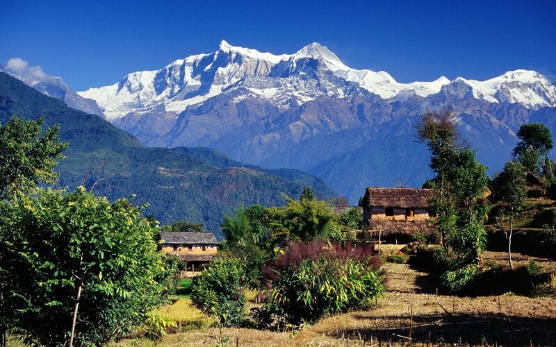 Village with Snow-capped Mountains — Blue