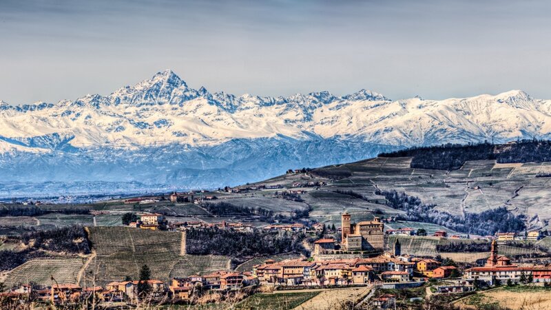 Village with Snow-capped Mountains — White