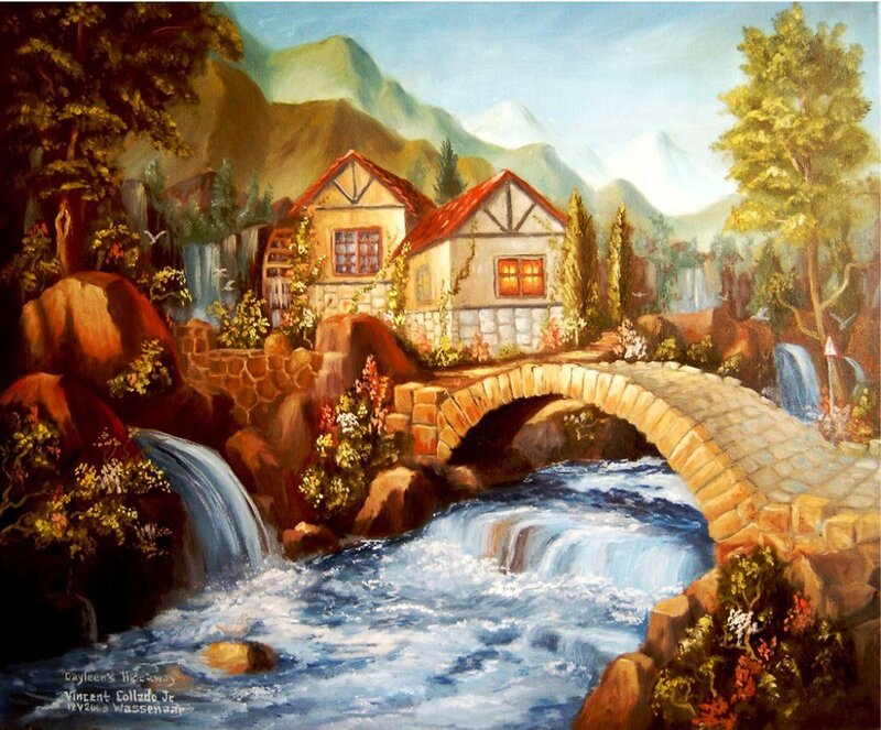Village with Stone Bridge — Blue, Serene, Afternoon, Painting