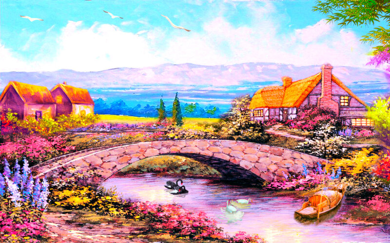 Village with Stone Bridge — Blue, Serene, Afternoon