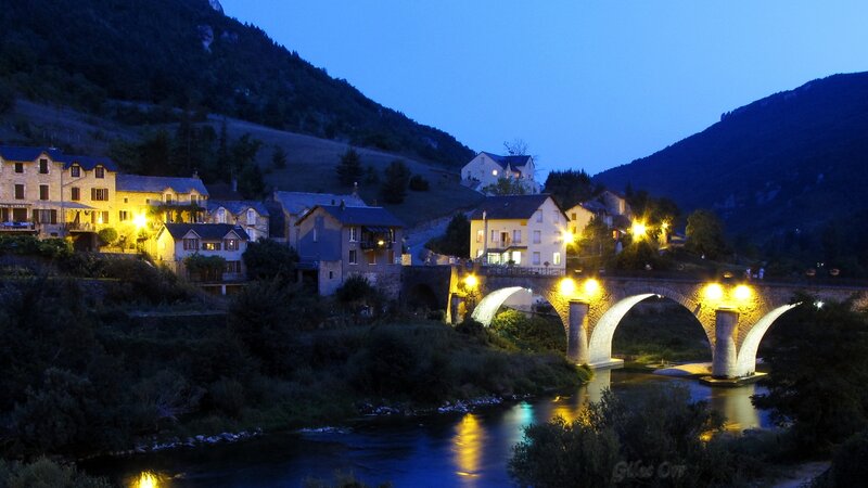 Village with Stone Bridge — Blue, Serene