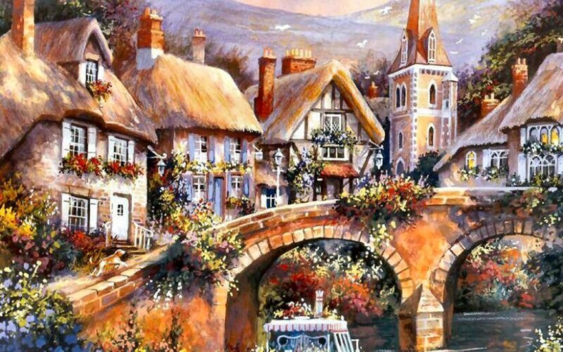 Village with Stone Bridge — Brown, Serene