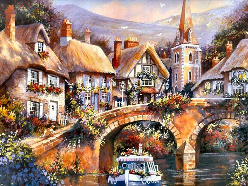 Village with Stone Bridge — Brown