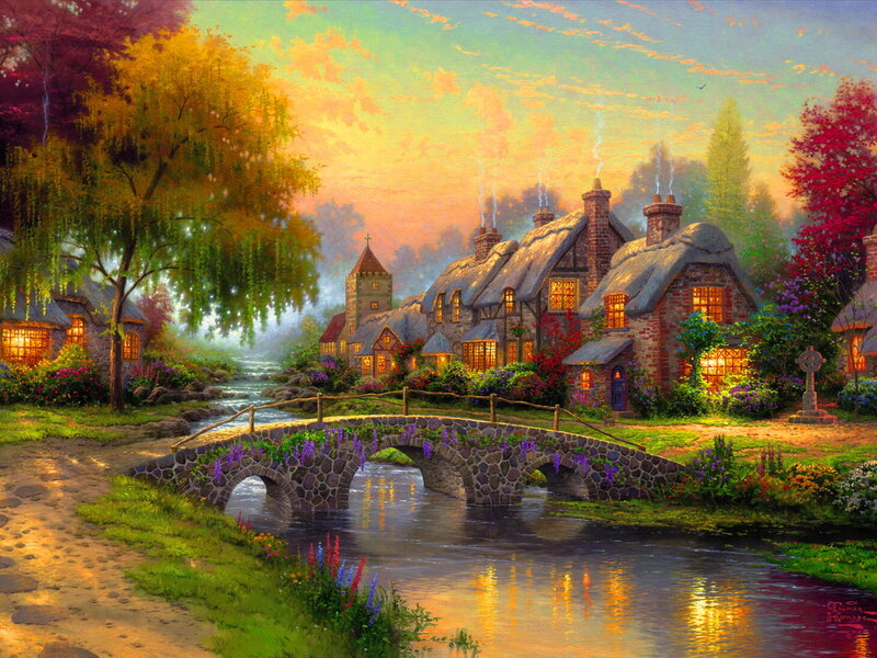 Village with Stone Bridge — Golden