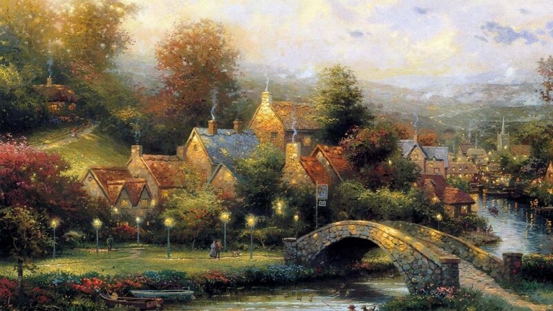 Village with Stone Bridge — Green, Serene, Afternoon, Painting, River