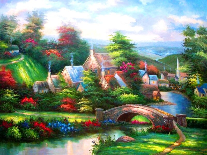 Village with Stone Bridge — Green, Serene, Afternoon, Painting, River, Trees
