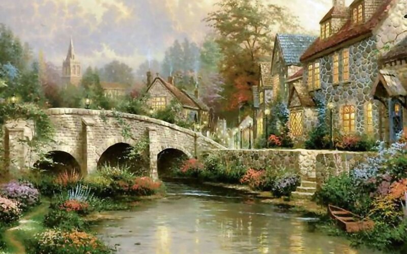 Village with Stone Bridge — Green, Serene, Afternoon, Painting