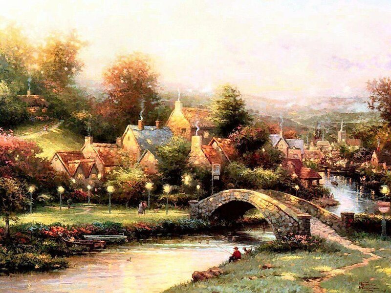 Village with Stone Bridge — Green, Serene, Afternoon