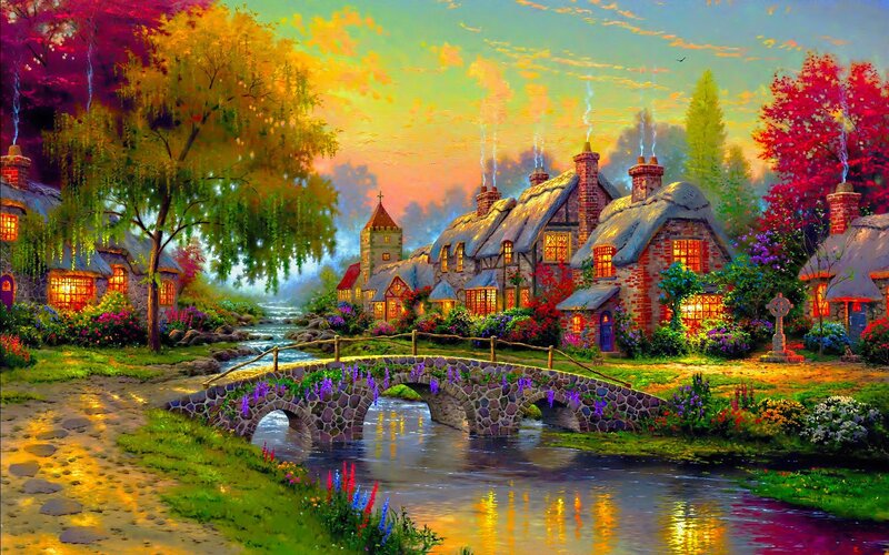 Village with Stone Bridge — Green, Serene, Sunset, Painting, River, Cottages, Trees