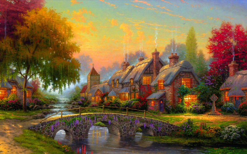 Village with Stone Bridge — Green, Serene, Sunset, Painting, River, Trees