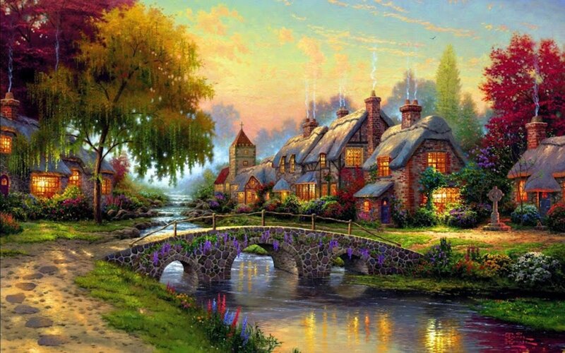 Village with Stone Bridge — Green, Serene, Sunset