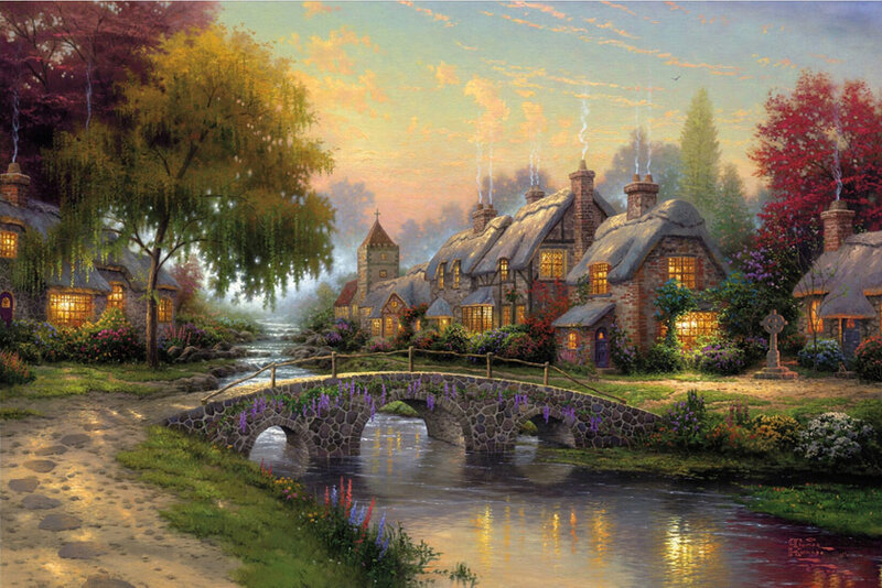 Village with Stone Bridge — Green, Serene