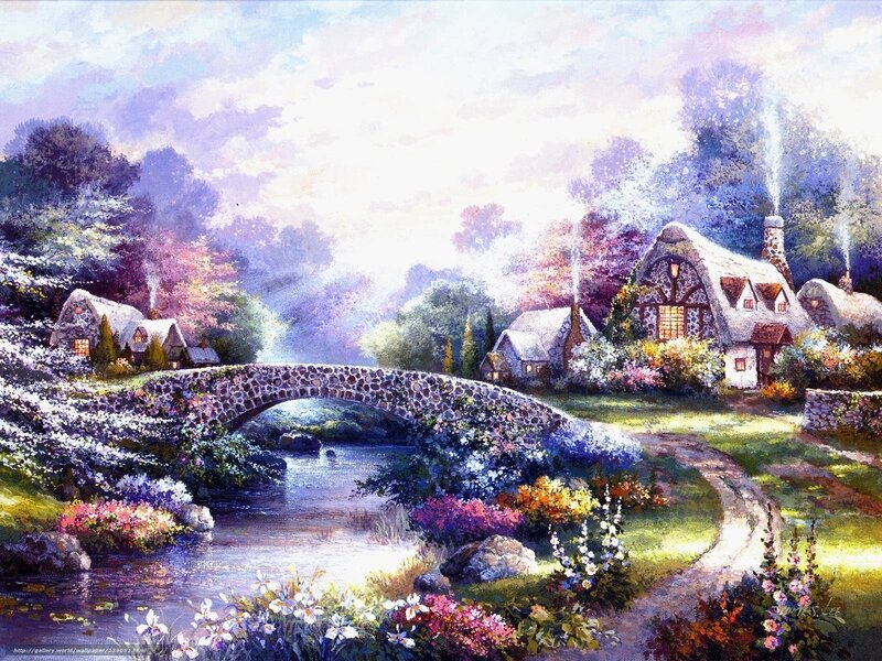 Village with Stone Bridge — Purple, Serene, Morning, Painting