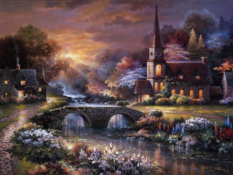 Village with Stone Bridge — Purple, Serene, Sunset, Painting, Church