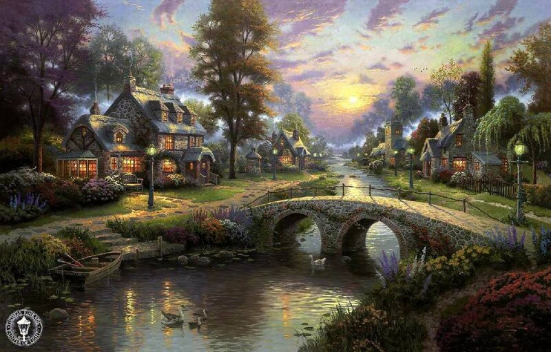 Village with Stone Bridge — Purple, Serene, Sunset, Painting