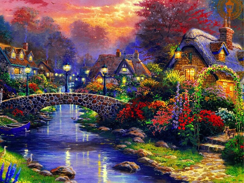 Village with Stone Bridge — Purple, Serene, Sunset