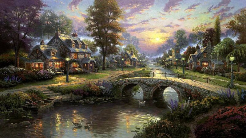 Village with Stone Bridge — Purple, Serene