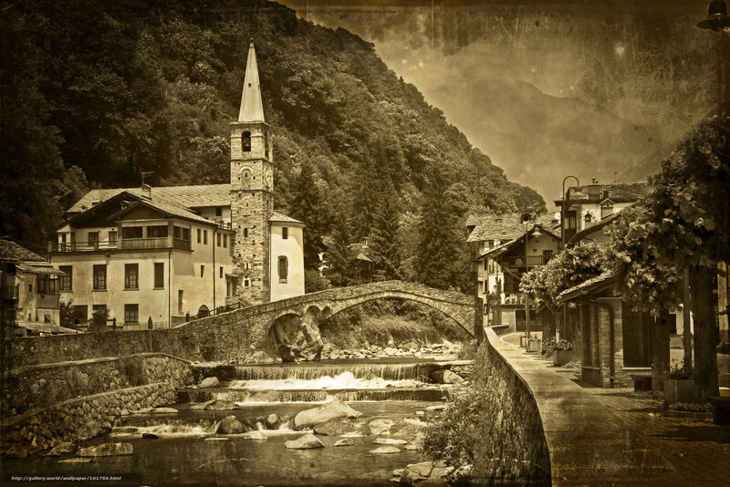 Village with Stone Bridge — Sepia
