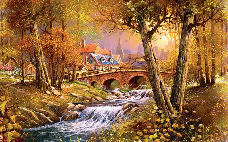 Village with Stone Bridge — Yellow, Serene, Autumn