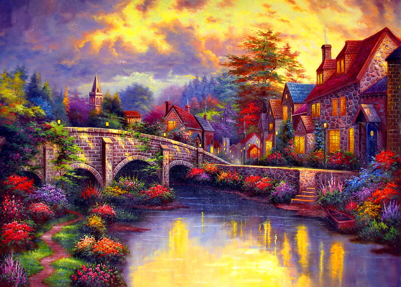 Village with Stone Bridge — Yellow, Serene