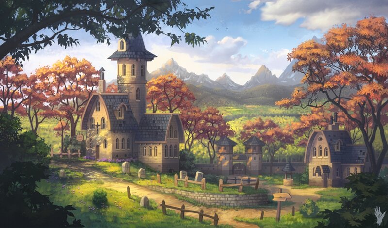 Village with Stone Buildings — Green, Serene