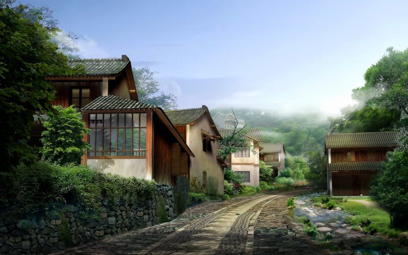 Village with Stone Path — Green, Serene, Morning