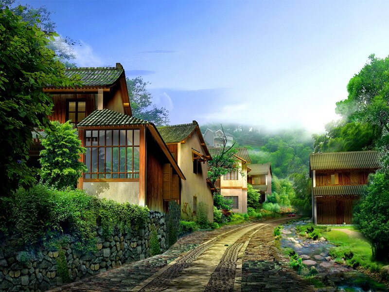 Village with Stone Path — Green, Serene
