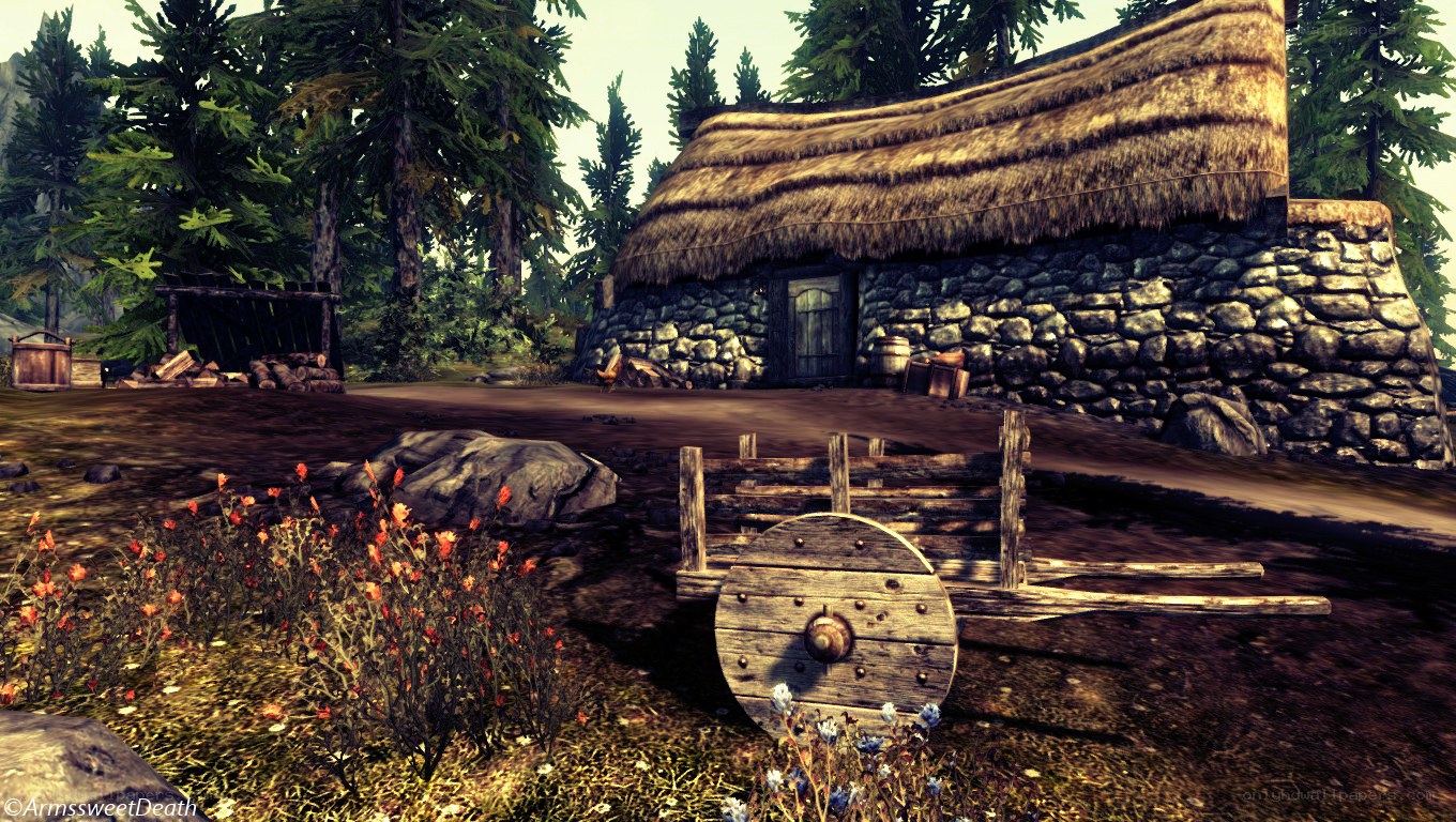 village with thatched cottage