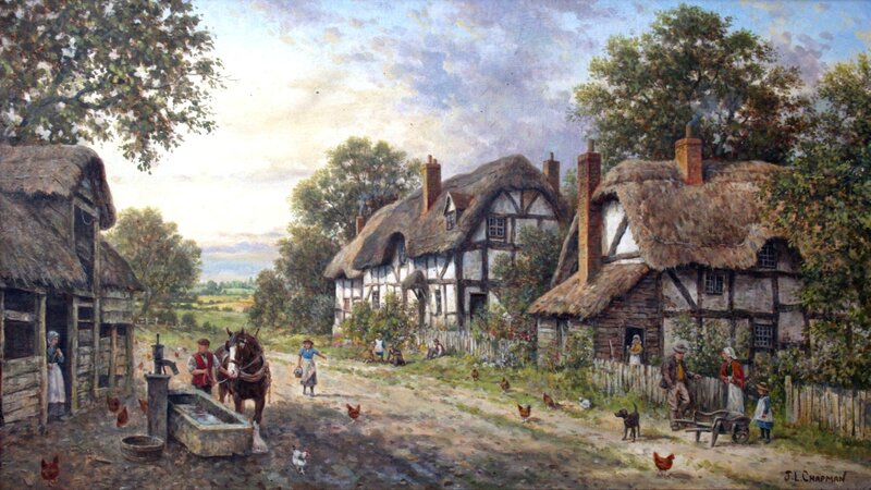 Village with Thatched Cottages — Brown