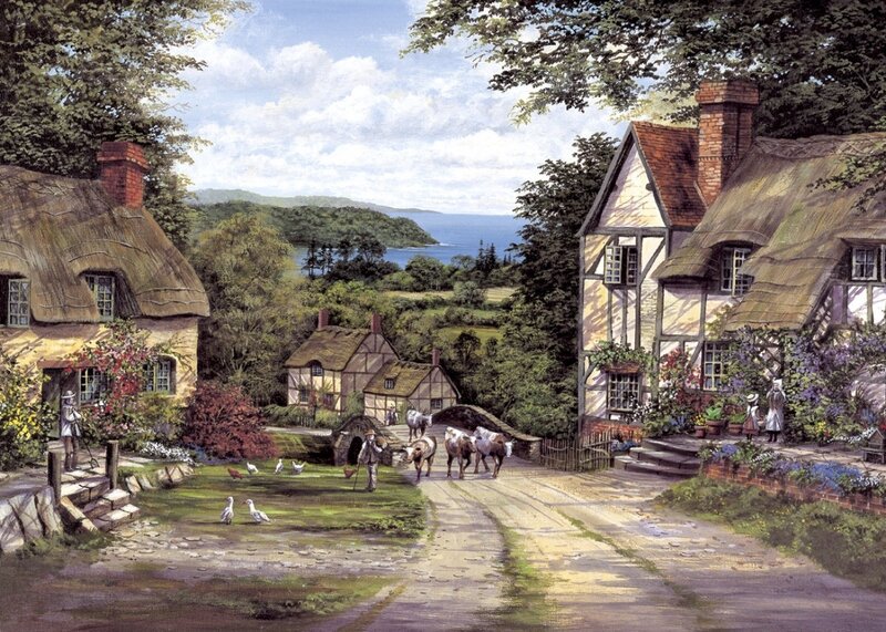 Village with Thatched Cottages — Green, Peaceful