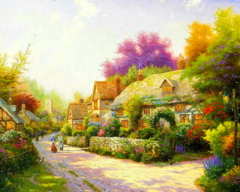Village with Thatched Cottages — Green, Serene, Afternoon, Painting