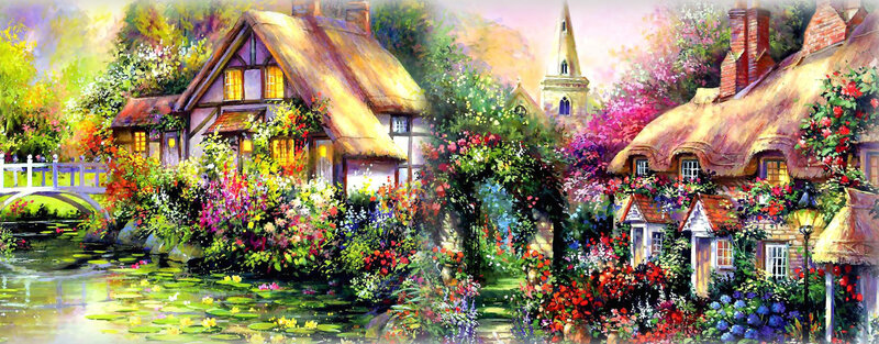 Village with Thatched Cottages — Green, Serene, Spring