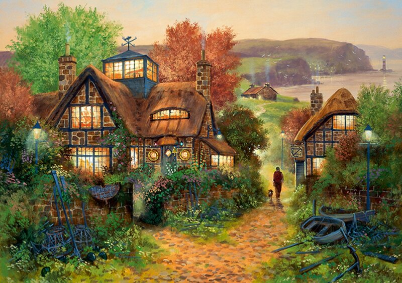 Village with Thatched Cottages — Green, Serene, Sunset