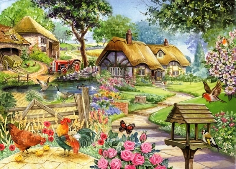 Village with Thatched Cottages — Green, Serene